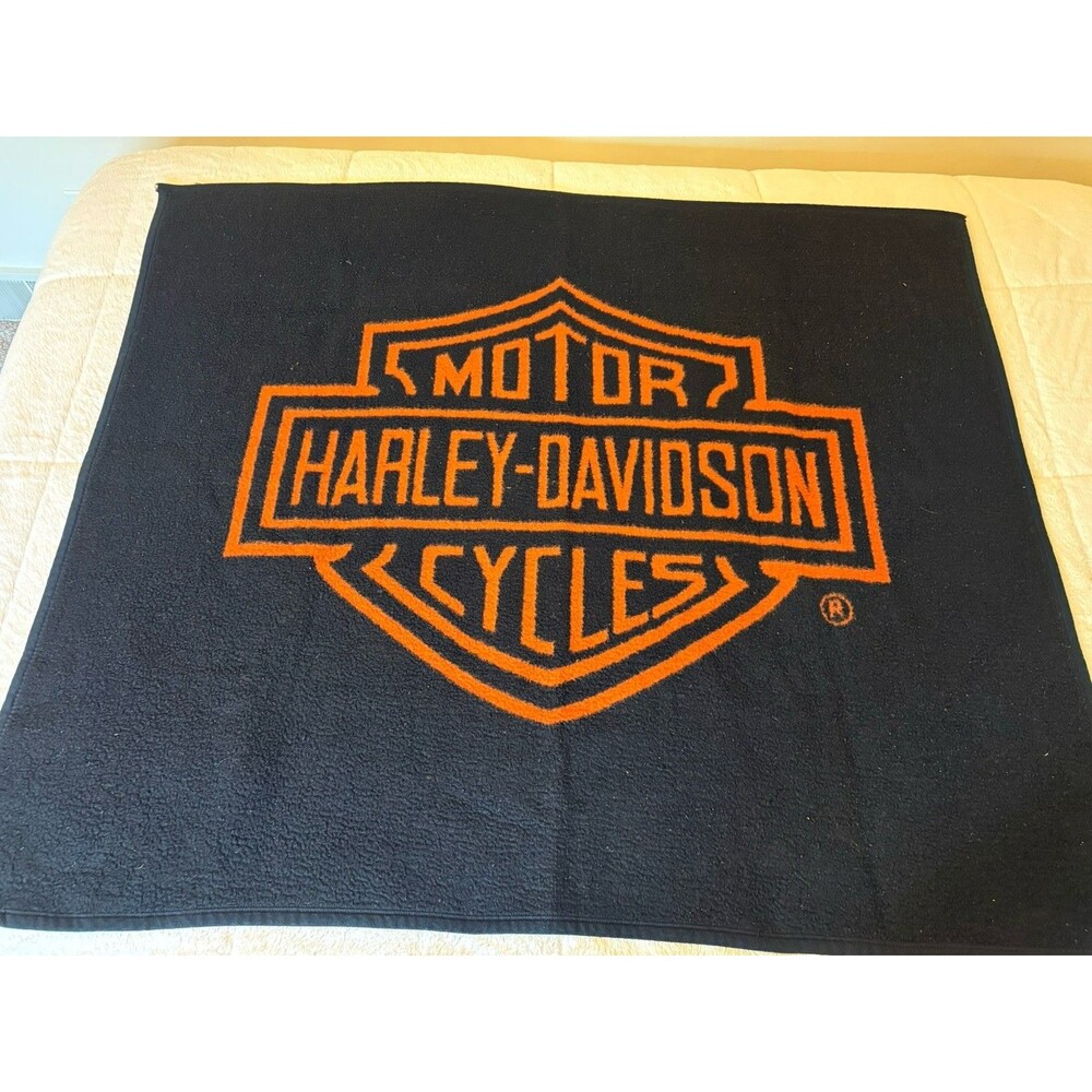 Harley Davidson Fleece Throw Blanket 44” X 54” Black And Orange Biederlack USA